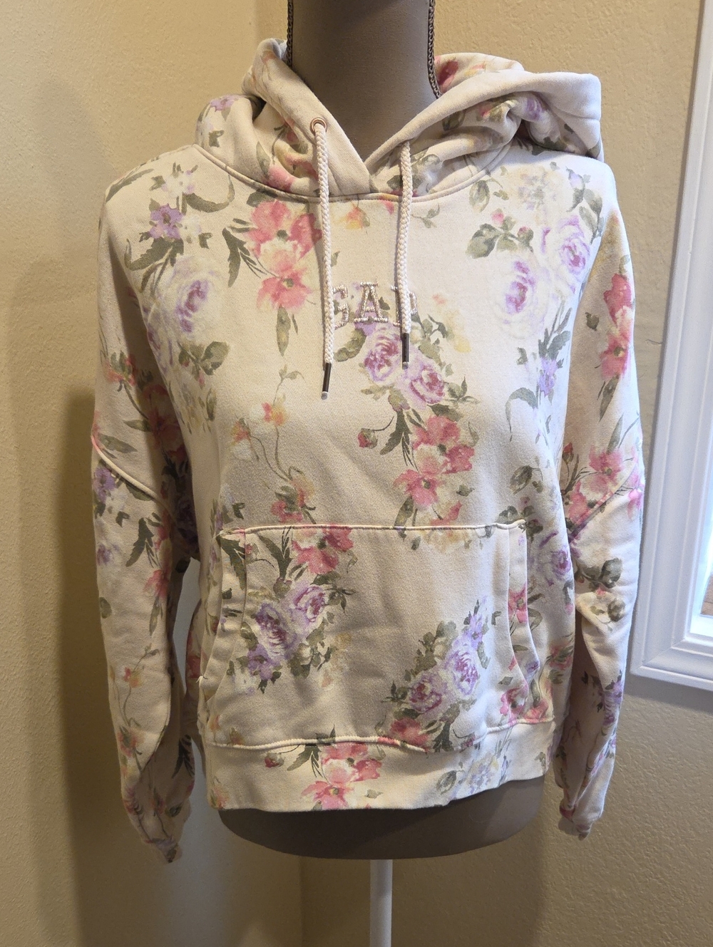 GAP & LoveShackFancy Cream Hoodie Sweater with Pink & Lavender Floral Print